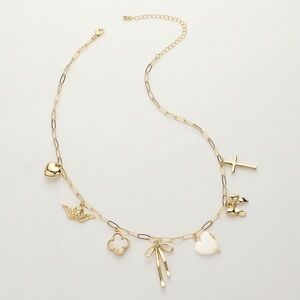 Bow Heart Cross Quatrefoil Angel Charm Station Necklace